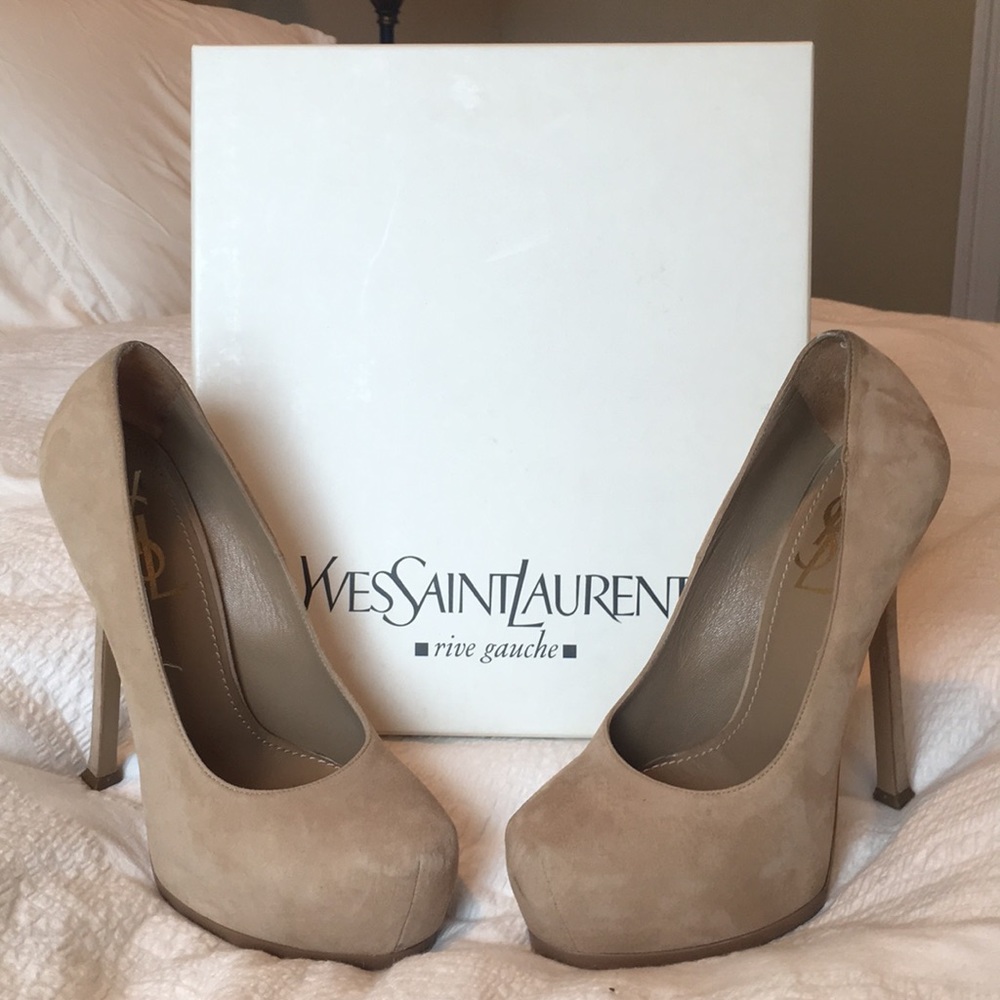 YSL Saint Laurent nude tribtoo suede tan heel pump